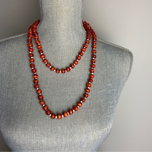 Vintage wood bead long strand necklace orange brown tone. - Picture 5 of 7